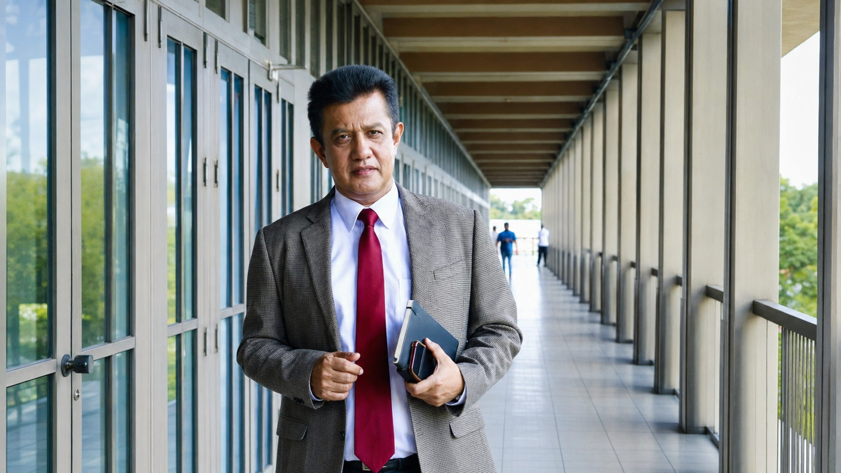 Professor Charitha Herath in a suit holding a book in a university corridor